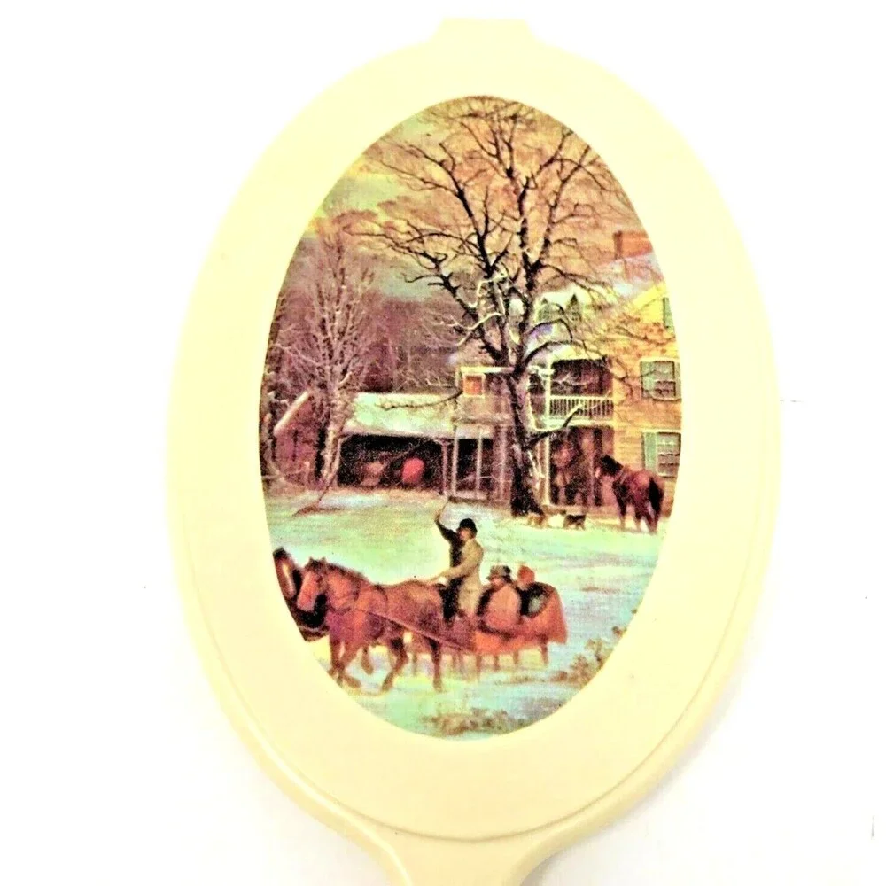 Hand Held Vanity Mirror Vintage Farmhouse Winter Dashing Snow Scene 11.5” Tall